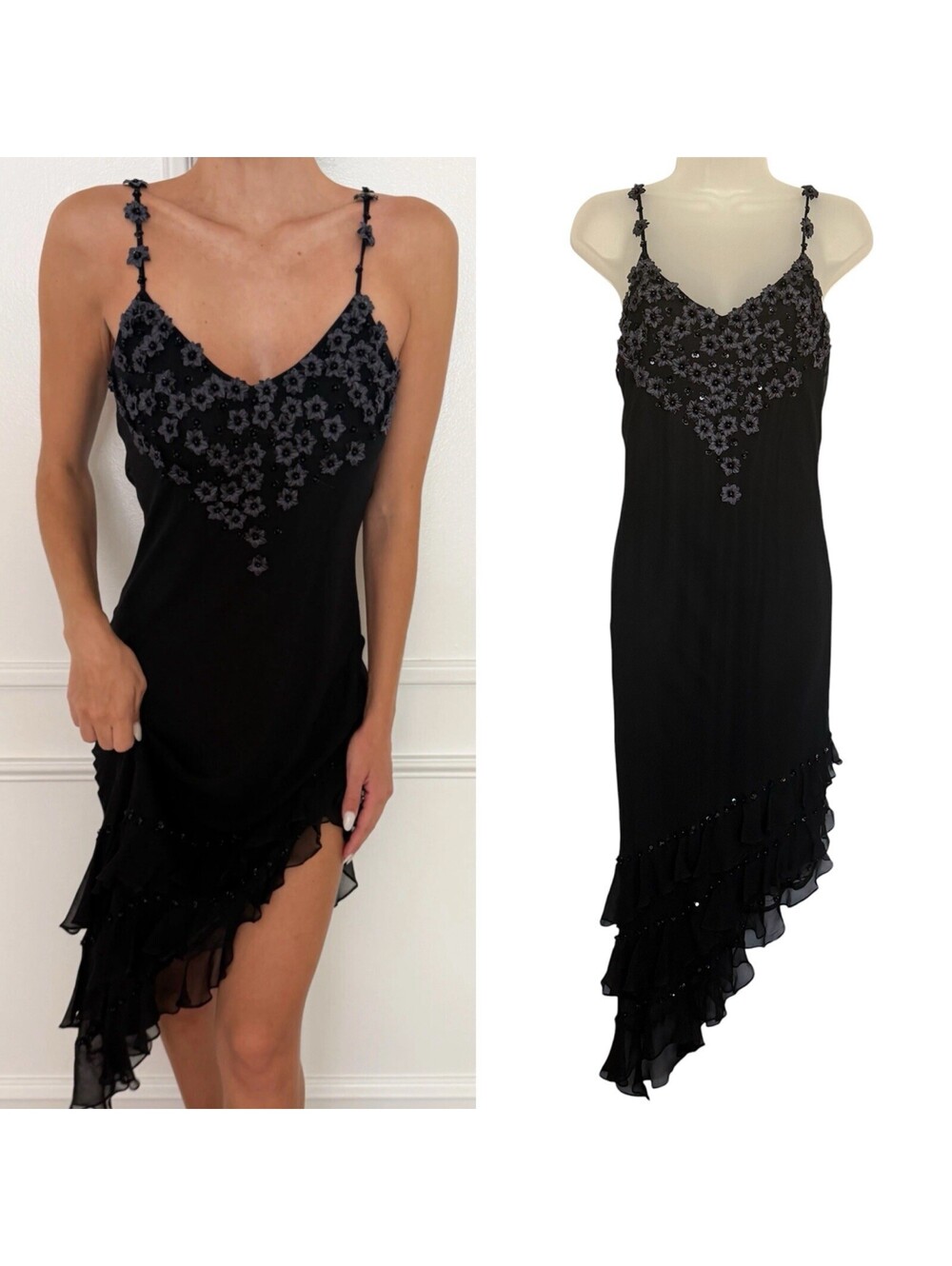 Cache Black Floral Appliqué Beaded Silk Asymmetrical Dress Size 8